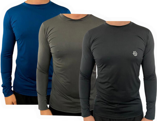 Kit C/ 3 Camisas UV Térmicas Ice Proteção Solar UV50+ Unissex Segunda Pele Preto Azul Cinza