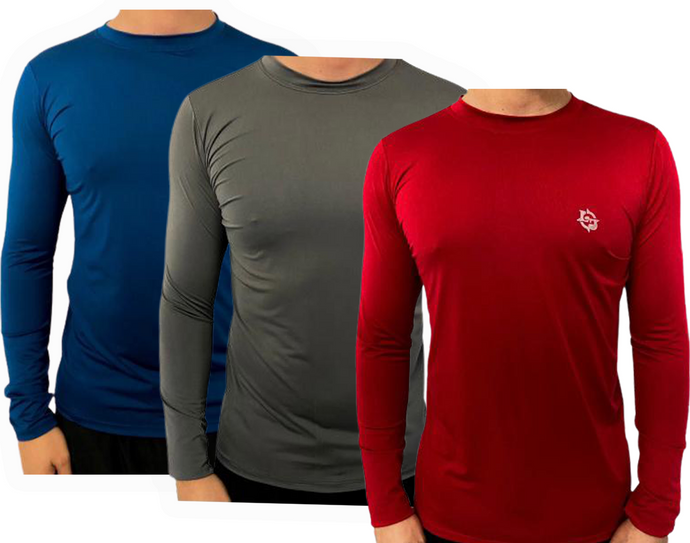 Kit C/ 3 Camisas UV Térmicas Ice Proteção Solar UV50+ Unissex Segunda Pele Vermelho Azul Cinza